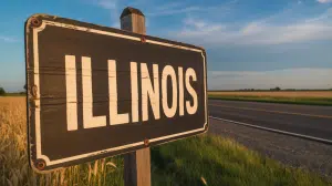 A photograph of a weathered wooden sign prominently displaying "Illinois" in bold white letters. The sign is slightly angled, positioned in the foreground with a vintage aesthetic. Behind the sign, a two-lane highway stretches into the distance under a clear blue sky, lined with fields of golden wheat gently swaying in the breeze. Warm afternoon sunlight illuminates the scene, casting long shadows and highlighting the texture of the sign and the vastness of the American landscape.