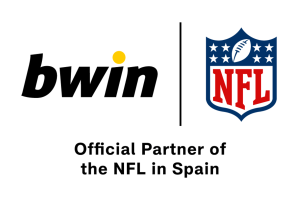 White background with 'bwin' logo on the left and NFL logo on the right. Underneath, it reads 'Official Partner of the NFL in Spain' in black writing.
