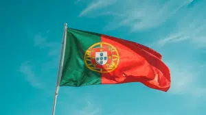 A photograph of the Portuguese flag gently waving against a clear, azure sky. The flag's vibrant red and green panels are crisp and distinct, showcasing the Portuguese coat of arms prominently in the center. Sunlight illuminates the flag, creating subtle shadows and highlighting the texture of the fabric as it ripples in a light breeze. The expansive blue sky serves as a clean, uncluttered backdrop, allowing the flag's colors and design to take center stage.