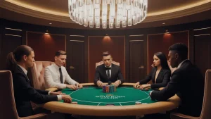 A photograph of a luxurious private gaming salon within a grand Nevada casino. The salon features a circular table covered in emerald green felt, illuminated by a crystal chandelier hanging directly above, with a stack of poker chips bearing the casino's logo in "gold rush casino" neatly arranged. Four well-dressed individuals, two men and two women, are seated around the table, engaged in a serious poker game, the room accented by dark mahogany walls and plush velvet armchairs. Soft, diffused lighting and subtle reflections from the polished surface create an atmosphere of wealth and exclusivity.