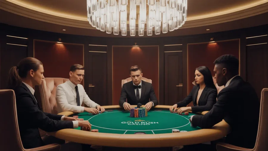 A photograph of a luxurious private gaming salon within a grand Nevada casino. The salon features a circular table covered in emerald green felt, illuminated by a crystal chandelier hanging directly above, with a stack of poker chips bearing the casino's logo in "gold rush casino" neatly arranged. Four well-dressed individuals, two men and two women, are seated around the table, engaged in a serious poker game, the room accented by dark mahogany walls and plush velvet armchairs. Soft, diffused lighting and subtle reflections from the polished surface create an atmosphere of wealth and exclusivity.