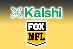 NFL on Fox Partners with KALSHI as sports stakes dominate the platform. Kalshi and Fox NFL slogans at the top of the background of yellow and black gradient