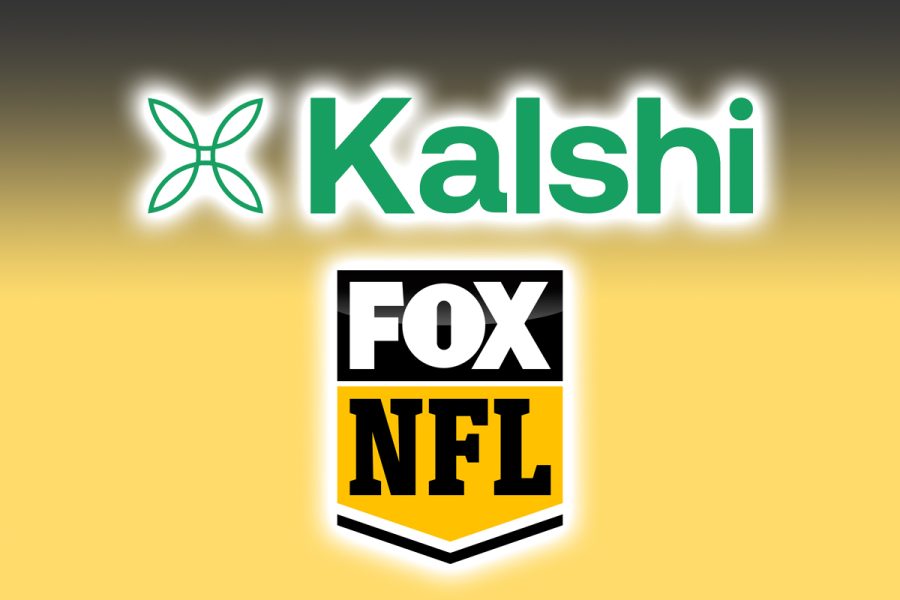 NFL on Fox partners with Kalshi as sports bets dominate platform. Logos of Kalshi and Fox NFL on top of yellow and black gradient background