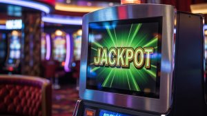 A picture of a close view of the screen of modern casino opening machine. The screen displays vibrant words "Win the grand prize" In a dark line, the neon green against a black background, with the vibrant light effects around the text. The carpet of the polished metal in the machine reflects the surrounding light, and the surrounding area is unclear with hints of luxurious velvet seats and weather lighting. The overall effect affects a feeling of excitement and expectation, which is a typical matter for the loud casino environment.
