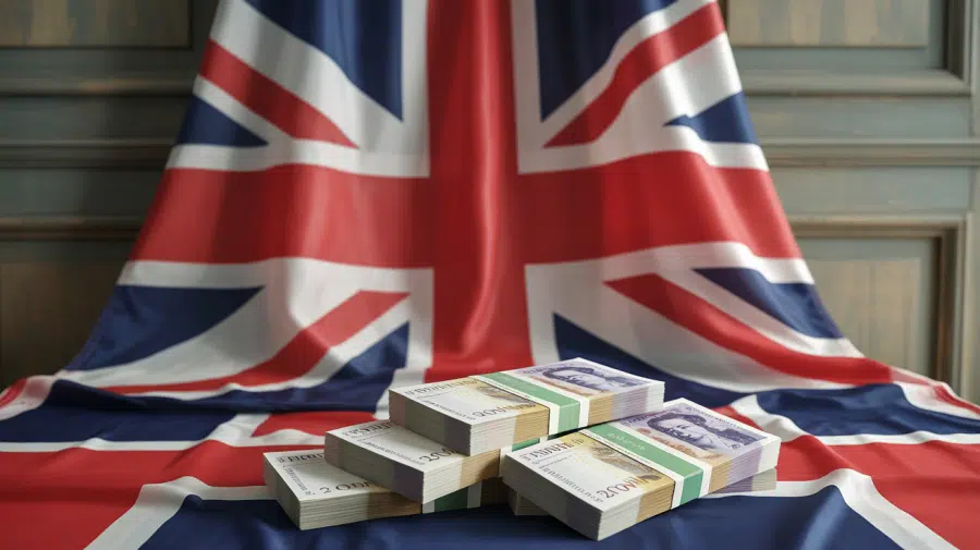 A photograph showcasing the Union Jack flag, meticulously draped and slightly rumpled. A substantial pile of British pound sterling banknotes sits neatly arranged in front of the flag, displaying crisp, new notes with distinct gold and green hues. The scene is bathed in soft, natural light, casting subtle shadows that accentuate the textures of the flag and money. A blurred background of aged wooden paneling provides a stately and timeless backdrop.