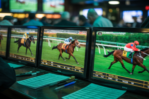 A close-up photograph of multiple horse racing screens inside a dimly lit betting shop, displaying live race footage with galloping thoroughbreds rounding a track. Tax raid on betting could threaten 40,000 jobs in the UK, analysis warns