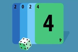 Illustration of three overlapping cards showing the numbers 2, 0, 2, and 4 in sequence, with the largest green card displaying the number 4 prominently. A white die showing five black dots sits in front of the cards on a blue background. Belgium's Gambling Commission pushes regulatory reform in annual report