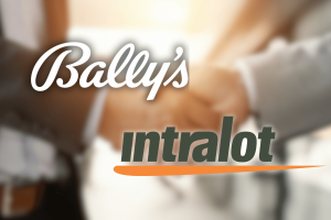 Bally's completes $3 billion merger with Intralot. The Bally's and Intralot logos appear against a blurred background of two people shaking hands, symbolizing the €2.7 billion merger deal.