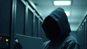A hooded figure in a server room looks on a file
