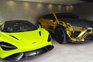 Two luxury sports cars parked in a modern garage — a bright lime green McLaren and a gold-and-black Lamborghini Urus. Brazil police dismantle $116M money laundering ring tied to drugs and online betting
