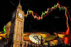 Gambling Commission CEO warns UK must address growing influence of cryptocurrency soon. Illustration showing Big Ben and stacks of Bitcoin coins in front of a financial chart with red and green candlestick lines, symbolizing cryptocurrency market activity in the UK.