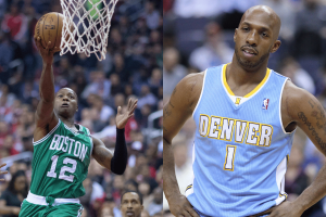 Terry Rozier and Chauncey Billups 'arrested by FBI' amid illegal gambling probe as Rozier's career earnings top $160M. T NBA to withhold Billups and Rozier salaries during live FBI investigation. A split image showing two basketball players: one wearing a green Boston Celtics uniform going up for a layup, and the other wearing a light blue Denver Nuggets uniform standing on the court.