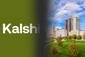 Kalshi, the predictions market provider, has filed a lawsuit against the Ohio Casino Control Commission and the office of the Ohio state Attorney General. Kalshi logo on a green background blending into a cityscape of downtown Columbus, Ohio, symbolizing Kalshi’s federal lawsuit against Ohio regulators.