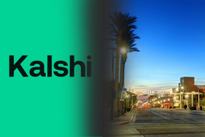 Kalshi opposes Nevada regulators’ emergency bid to lift trading injunction. Kalshi typed logo on top of green background next to cityscape of Nevada.