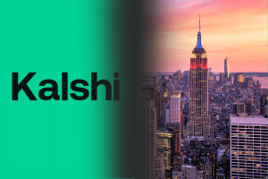 Kalshi logo on a green background next to a view of the New York City skyline at sunset with the Empire State Building lit up. Kalshi sues New York Gaming Commission over federal regulatory authority dispute