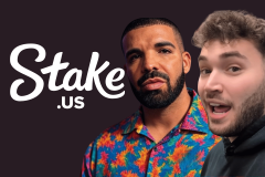 Missouri suit alleges Stake.us, Drake, and Adin Ross ran illegal online casino scheme. Drake and Adin Ross stand in front of a dark background next to a large “Stake.us” logo. One wears a brightly colored patterned shirt, and the other appears to be speaking with an expressive, open-mouthed pose.
