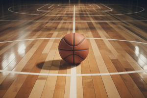 A photograph of a meticulously maintained basketball court floor, centered with a textured basketball. Sportradar uses AI technology to run simulations on NBA season, with outcome suggested