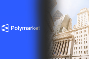 NYSE owner Intercontinental Exchange invests $2B in Polymarket to expand global data reach. Polymarket logo on a blue background transitioning to an image of tall financial district buildings, including the New York Stock Exchange facade.