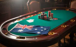 A photograph of a polished mahogany gambling table bathed in warm, diffused light with an Australian flag. ACMA cracks down on illegal online gambling websites as more are blocked
