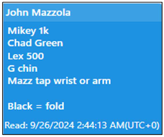Uma tela de mensagem de bate-papo azul chamada “John Mazzola” exibindo uma lista de frases curtas: “Mikey 1k”, “Chad Green”, “Lex 500”, “G chin”, “Mazz tap pulso ou braço” e “Black = fold”, com um carimbo de data e hora “Leitura: 26/09/2024 2:44:13 AM (UTC+0)”.