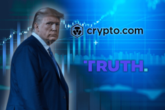 Truth Social to launch prediction markets with Crypto.com partnership through deal. Donald Trump stands on the left against a blue financial chart background with rising candlestick graphs. The Crypto dot com logo and name appear in the center, and the word Truth appears in bold purple text on the right.