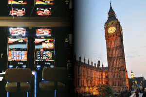 UK's DCMS opens consultation on gaming machine and bingo licensing reforms. Split image showing two slot gaming machines in a dimly lit arcade on the left, and London’s Big Ben and Houses of Parliament at sunset on the right, representing UK government consultation on gambling regulations.