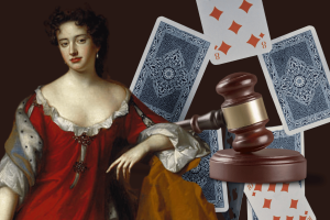 The digital collage displays an image of Queen Anne next to fallen playing cards and a judge's obliteration, symbolizing gambling laws and legal proceedings. The US company cites 300-year-old Anne's Law in betting on a lawsuit against Flutter and others