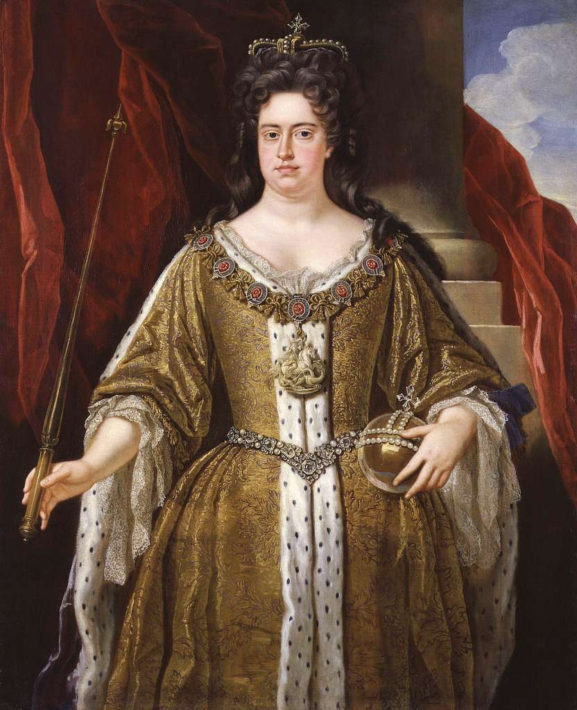 Portrait of Queen Anne of England wearing a gold gown with Ermine trim, holding a scepter and crook, standing in front of a red background.