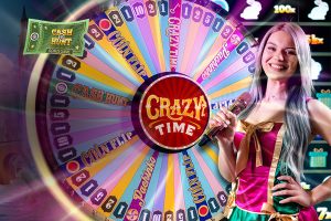 Evolution brings the Crazy Time live show to Connecticut. The host stands next to Evolution's colorful Crazy Time game wheel, which features bright parts and extra icons in a lively studio environment.