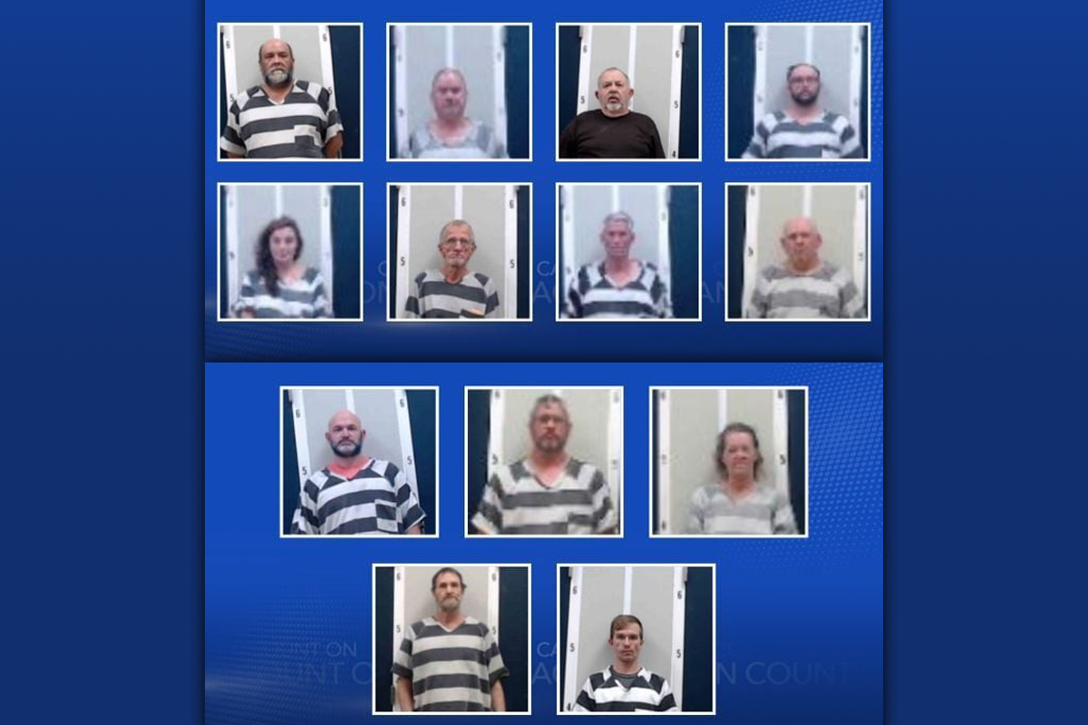 A group of photos showing several individuals wearing striped prison uniforms on a blue background.