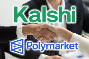 Prediction markets Kalshi and Polymarket leap in value as scope changes. Kalshi and Polymarket logos on top of generic image of people shaking hands