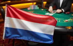 A photograph of the Netherlands flag prominently displayed in the foreground, with its distinctive horizontal stripes of red, white, and blue fabric rippling gently. The flag is positioned on a stand or held at an angle, creating depth and drawing the viewer's eye to its vibrant colors. Behind the flag, slightly out of focus, a casino gambling table is visible with green felt surface, poker chips scattered across it. Dutch Ksa warns of growth in illegal online gambling market