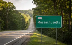 A photograph of a tree-lined highway stretching into the distance with a classic green highway sign showing "Massachusetts" prominently displayed on the roadside. Massachusetts Gaming Commission issues letter of notice about prediction markets