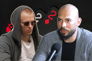 Andrew Tate appears to be promoting Ossi Ketola's online casino platform Duel. A split-image graphic showing a hooded man in sunglasses on the left, sitting at a poker table, and a bald man speaking into a microphone on the right, set against a background featuring playing cards.