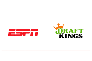 White background with ESPN logo on the left and DraftKings logo on the right. Two lines in red are at the top and bottom of the logos, along with a small black line in between the two logos.