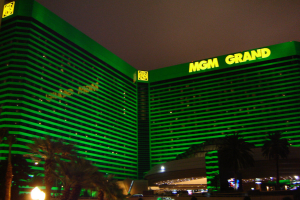 MGM Grand hotel in Las Vegas at night time, green light shining on the building. BetMGM launches leaderboard contest ahead of Vegas championship event