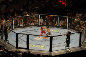 Clay Guida vs. Marcus Aurelio. Clay Guida taking on Marcus Aurelio - two UFC fighters in the UFC ring. UFC Polymarket prediction markets