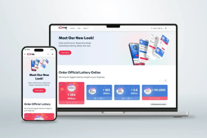 Plain background, with an iPhone on the left and laptop open on the right and to the back of the phone. On both devices is TheLotter website.