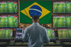 Brazil’s regulated betting market to inject $5B into the economy. A man stands in front of multiple sports-betting screens showing soccer matches, with a large Brazilian flag hanging on the wall behind him.
