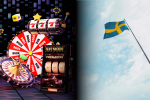CGG Entertainment is prohibited from operating in Sweden amid license issues. Split image showing various colourful casino elements on the left, including a roulette wheel, slot machine, and prize wheel, and on the right, a Swedish flag waving against a cloudy sky.