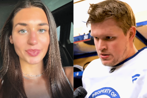 Ex-girlfriend Lauren Mochen says NHL forward Arthur Kaliyev drained her finances for gambling. Side by side photos. On the left is a young woman with long straight brown hair, light eyes, and a slight smile, appearing to record herself in a car. On the right is a male hockey player in a white practice jersey speaking to reporters in a locker room, looking serious and focused.