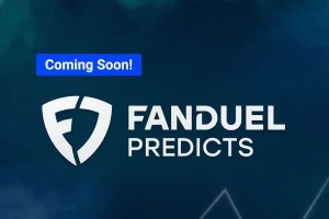FanDuel Predicts logo on a blue background. FanDuel logo to the left of the writing, with 'Coming Soon!' written in white with a bright blue background. Report filed by CME Group, which are in partnership for FanDuel Predicts, lists the first weekend in December