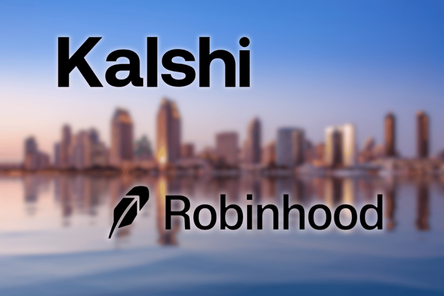 Kalshi and Robinhood make moves against California Tribes' lawsuit. Logos of Kalshi and Robinhood displayed over a blurred city skyline reflected on calm water. The word ‘Kalshi’ appears large at the top, and the Robinhood logo with its name appears near the bottom.