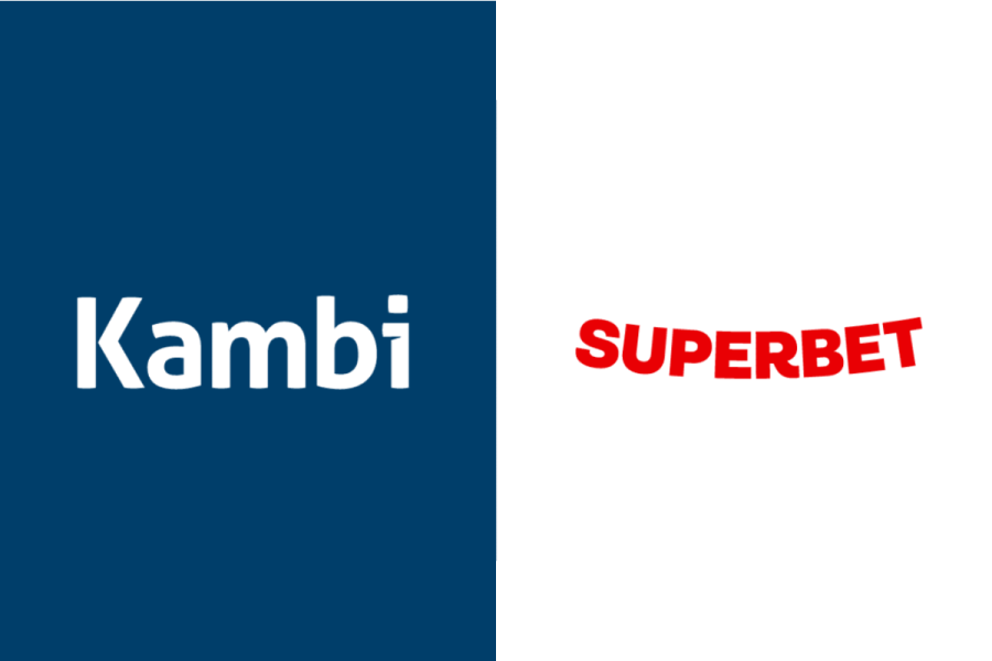 Side-by-side logos of Kambi on a dark blue background and SuperBet on a white background, representing their new Odds Feed+ partnership.