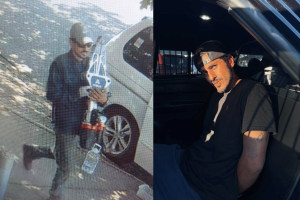 Mexican national charged with robberies at Washington tribal casinos. Side-by-side images. On the left, a man wearing a cap, sunglasses, and dark clothing is walking outdoors while carrying a large jack or mechanical tool near a parked vehicle. On the right, a man with a backward cap and a short beard is sitting in the back of a police vehicle with his hands behind his back, looking toward the camera