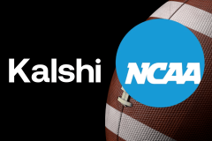 Kalshi logo in white text on a black background next to an American football, partly covered by a large blue circle featuring the NCAA logo. NCAA warns Kalshi over language suggesting official role in outcome verification
