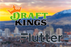 Logos of DraftKings and Flutter over a blurred cityscape with mountains at sunset. Nevada intensifies crackdown, stripping DraftKings and Flutter licenses over prediction markets