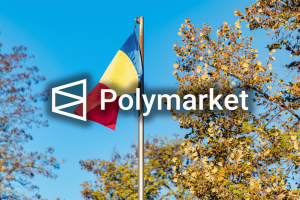 Romania's national gambling regulator adds Polymarket to its operator blacklist. A Romanian flag on a pole against a blue sky with autumn trees in the background. The Polymarket logo and the word “Polymarket” are overlaid in white near the center of the image