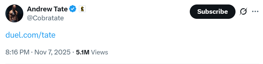 Uma postagem nas redes sociais de uma conta chamada Andrew Tate mostrando apenas um link, “duel.com/tate”, junto com a hora, data e contagem de visualizações da postagem.