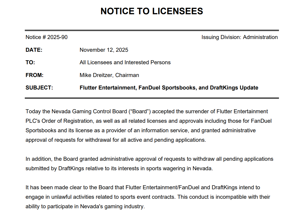 A screenshot of a Nevada Gaming Control Board notice dated November 12, 2025, announcing the surrender of Flutter Entertainment’s registration and the withdrawal of DraftKings’ applications, citing concerns over unlawful sports event contract activities.